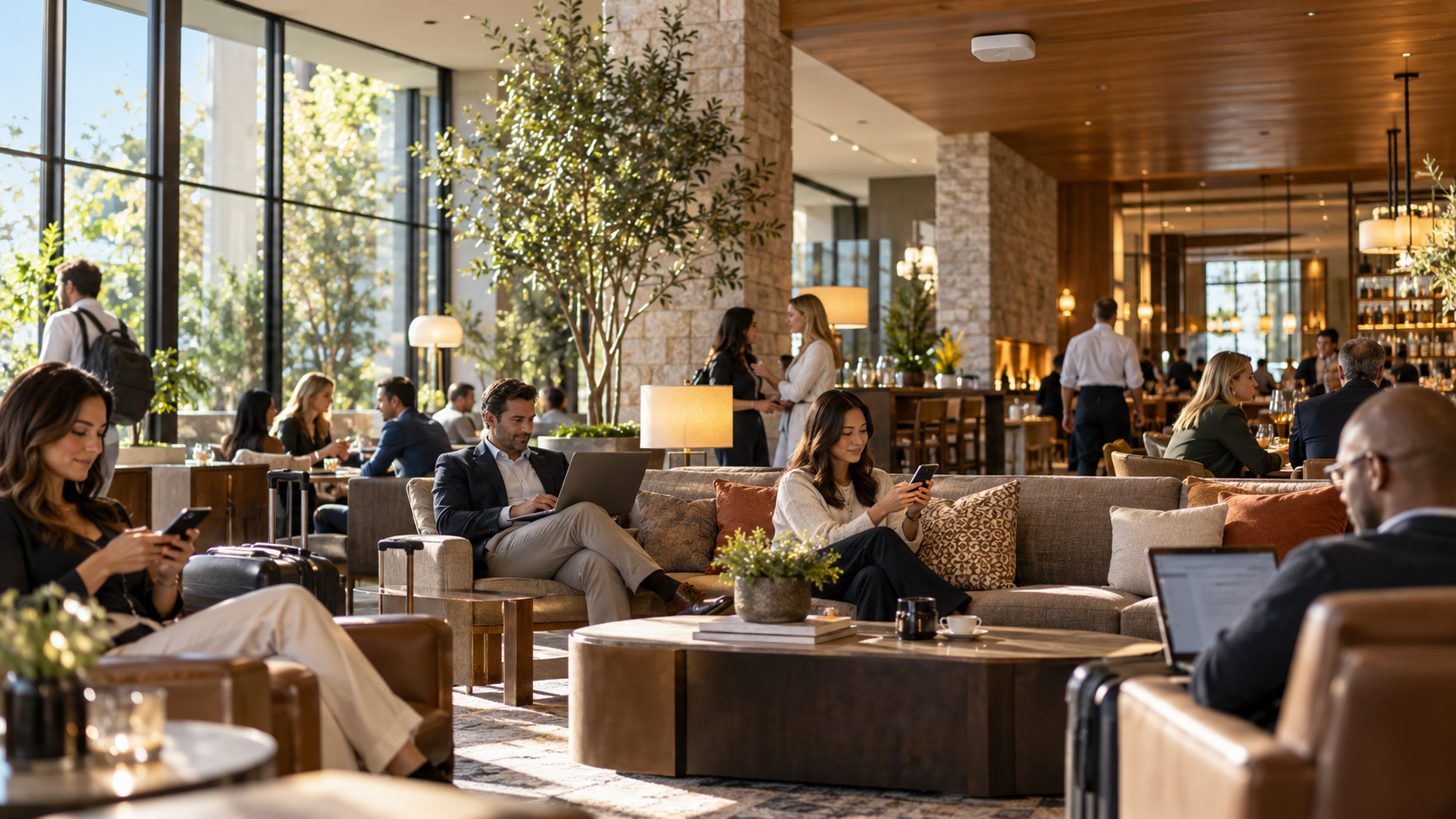 Hotel lobby with guests connected indoors